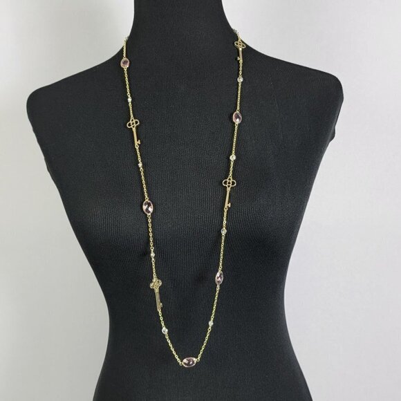 CN Gold Tone Key Charm Pink Crystal Chain Station Necklace 43" - Picture 1 of 13